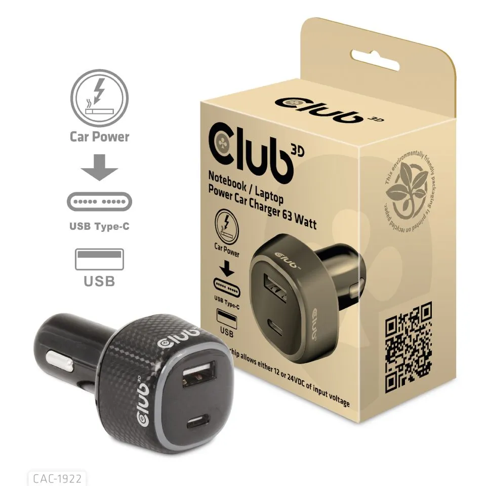 Club 3D 63W 1xUSB-A, 1xUSB-C - billaddare, Svart