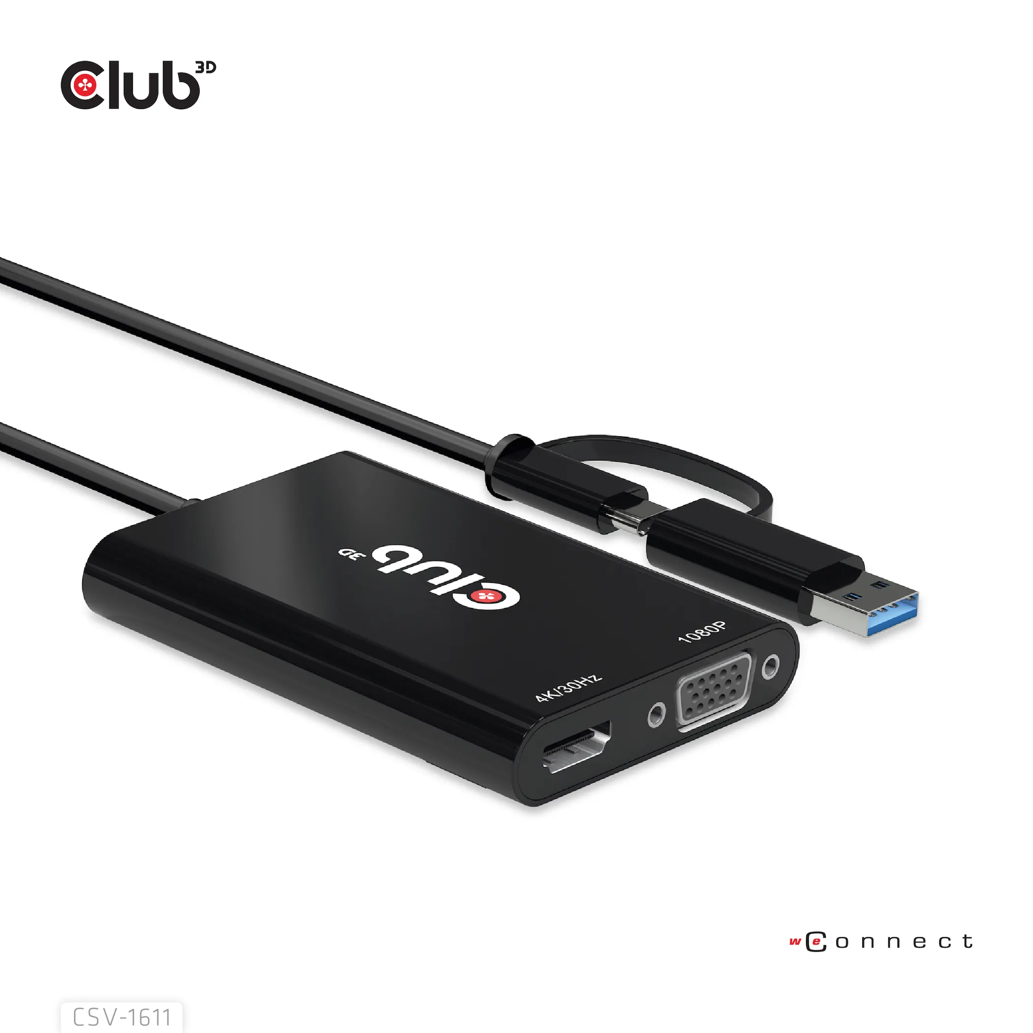 Club 3D GEN1 USB-C/-A - DUAL HDMI 4K/30HZ VGA 1080/60HZ - adapter, Svart
