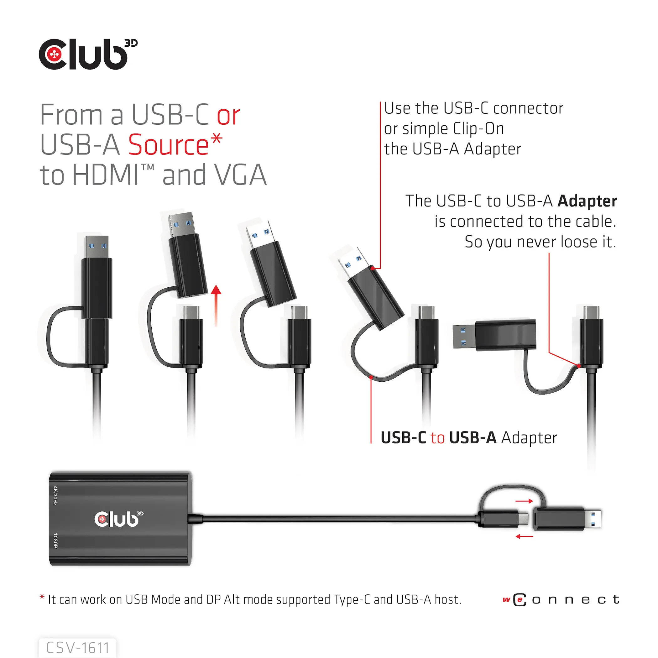 Club 3D GEN1 USB-C/-A - DUAL HDMI 4K/30HZ VGA 1080/60HZ - adapter, Svart