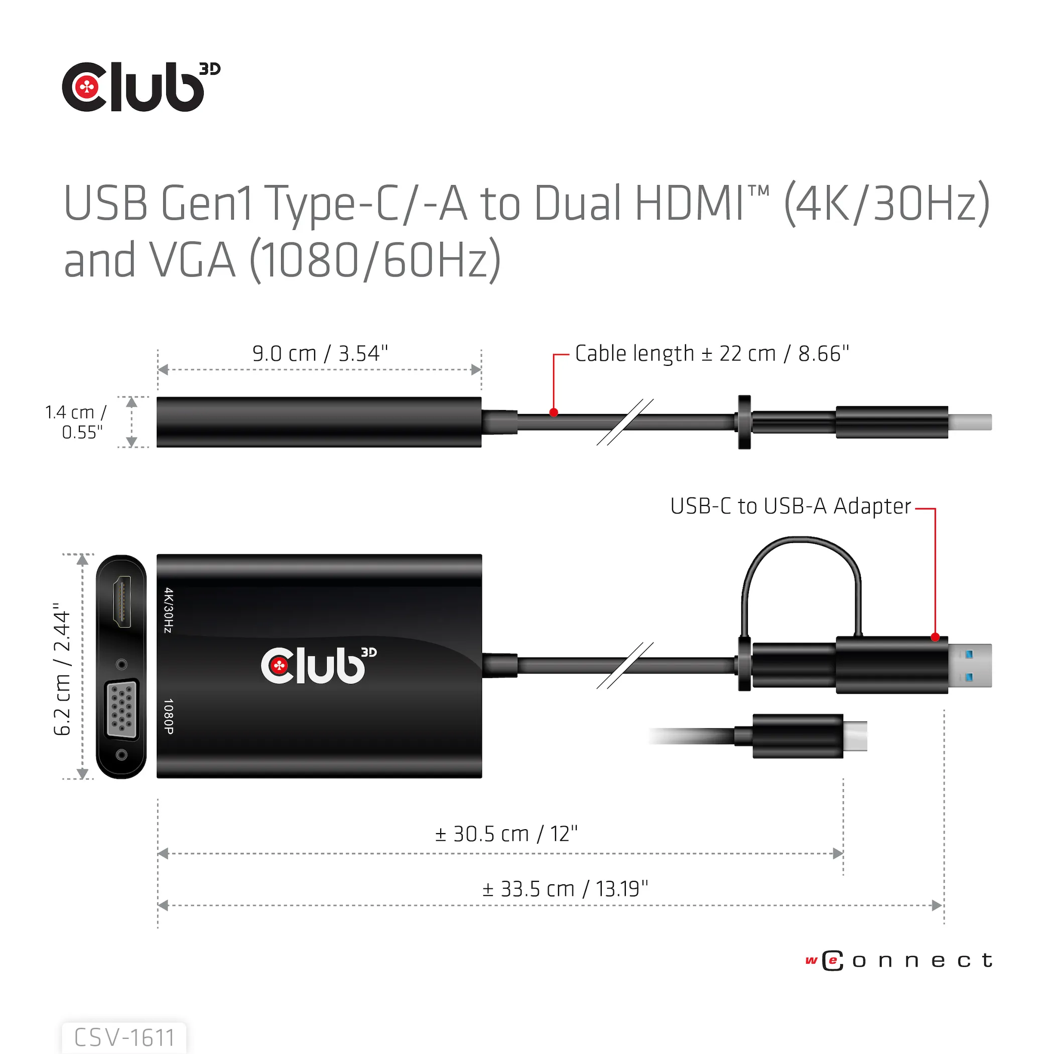 Club 3D GEN1 USB-C/-A - DUAL HDMI 4K/30HZ VGA 1080/60HZ - adapter, Svart