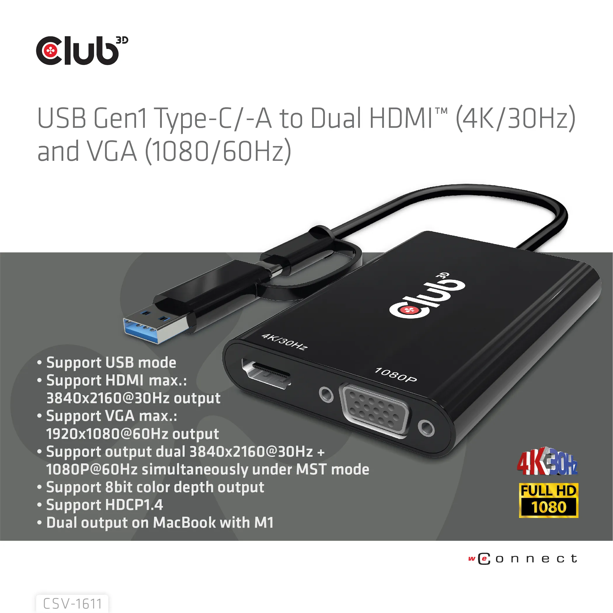Club 3D GEN1 USB-C/-A - DUAL HDMI 4K/30HZ VGA 1080/60HZ - adapter, Svart