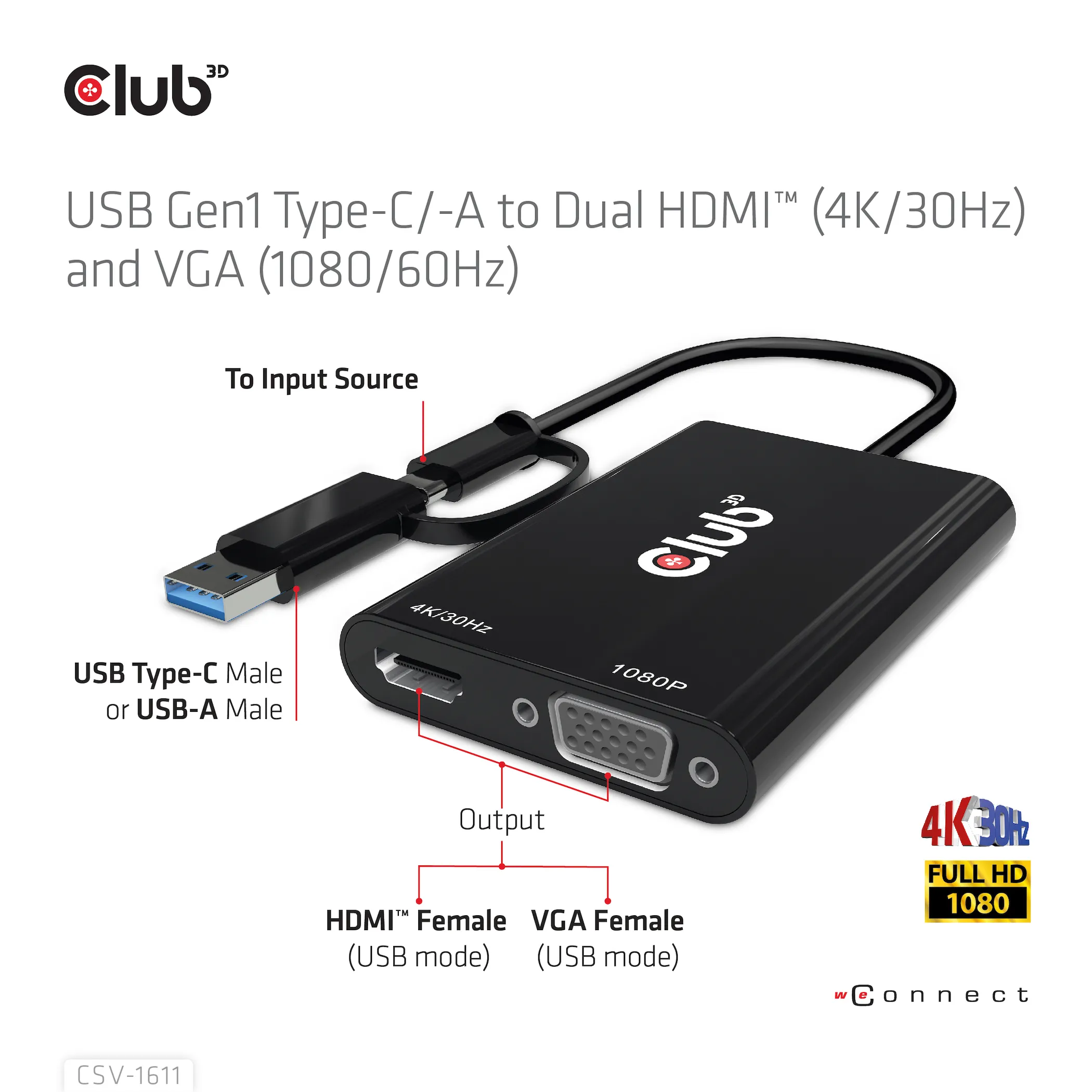 Club 3D GEN1 USB-C/-A - DUAL HDMI 4K/30HZ VGA 1080/60HZ - adapter, Svart