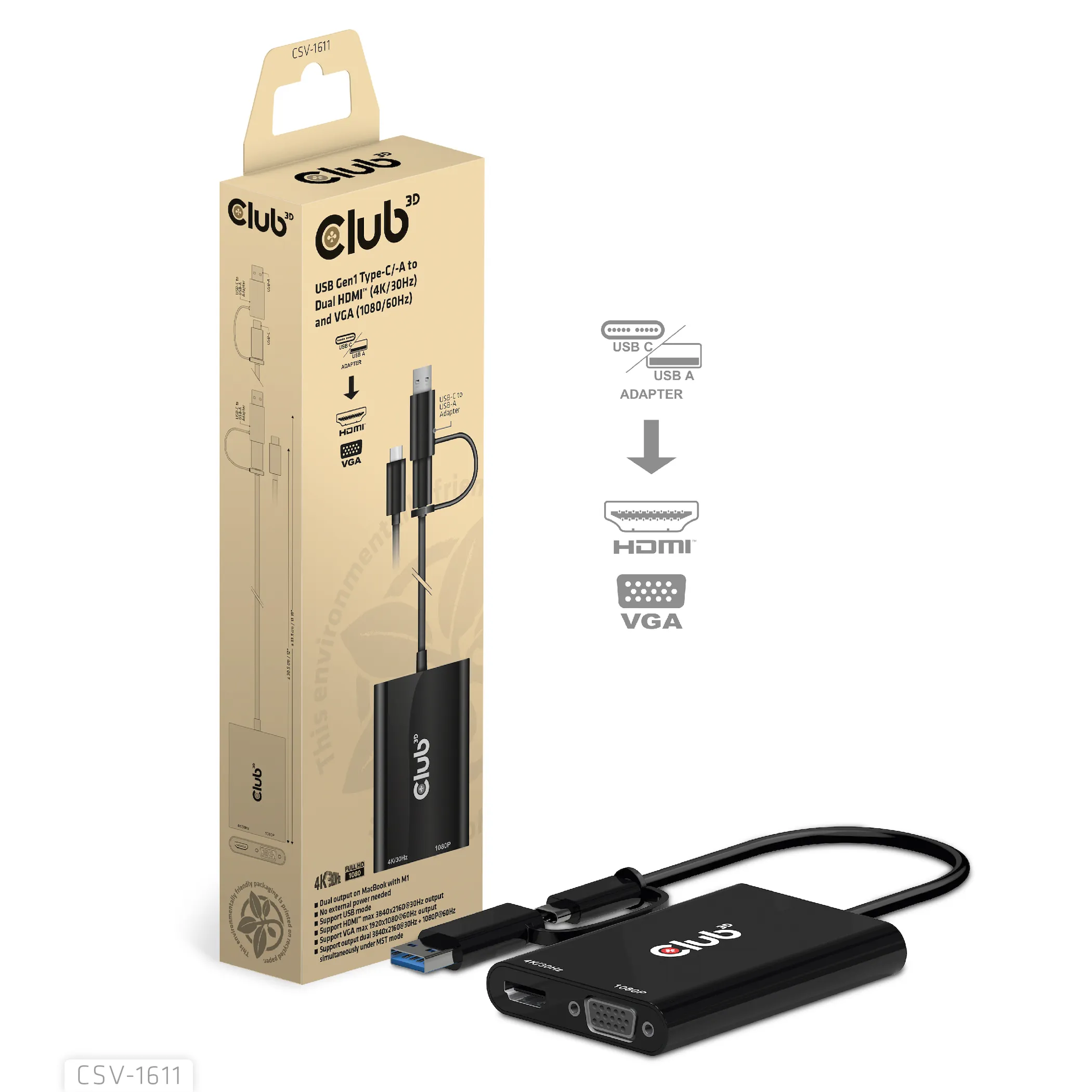 Club 3D GEN1 USB-C/-A - DUAL HDMI 4K/30HZ VGA 1080/60HZ - adapter, Svart