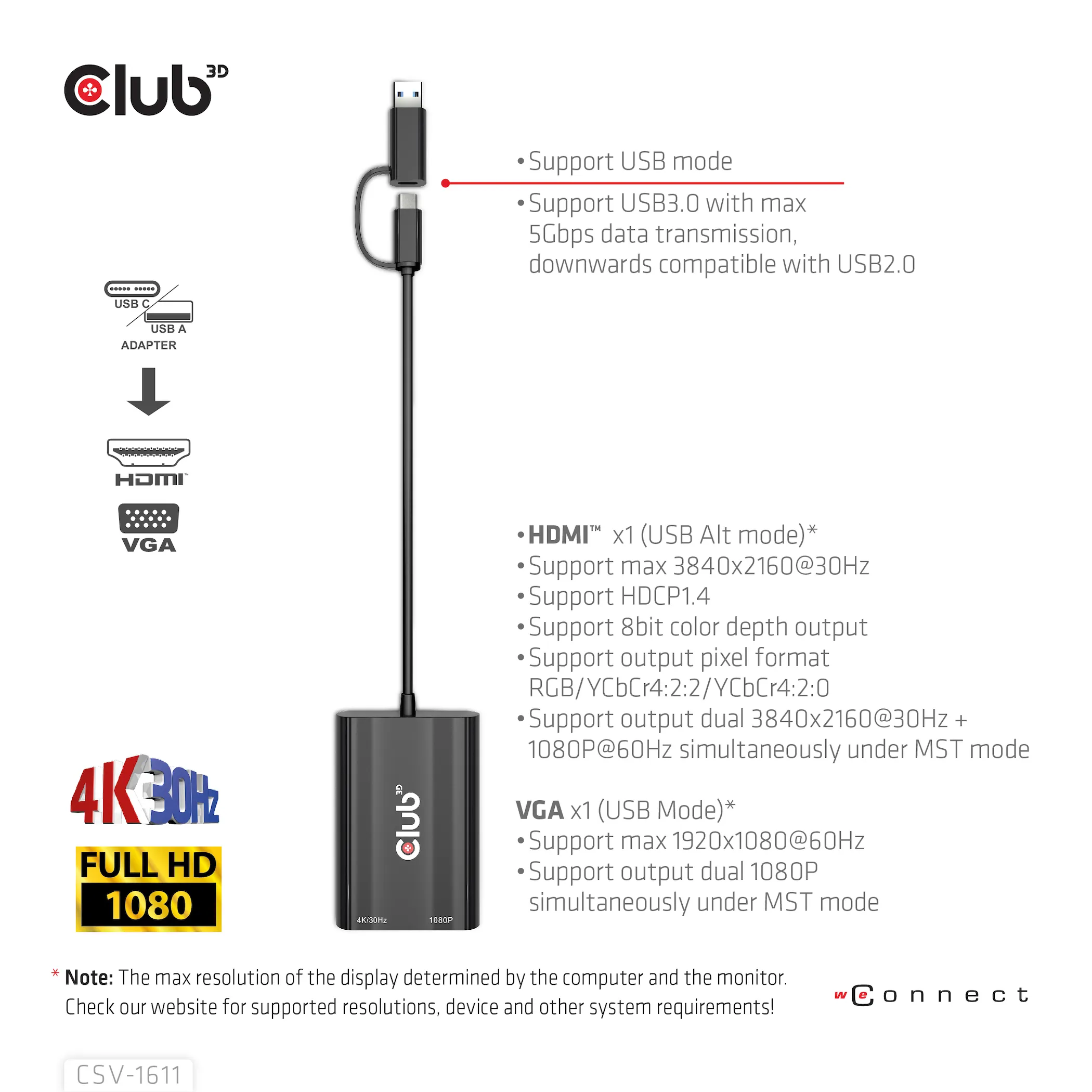 Club 3D GEN1 USB-C/-A - DUAL HDMI 4K/30HZ VGA 1080/60HZ - adapter, Svart