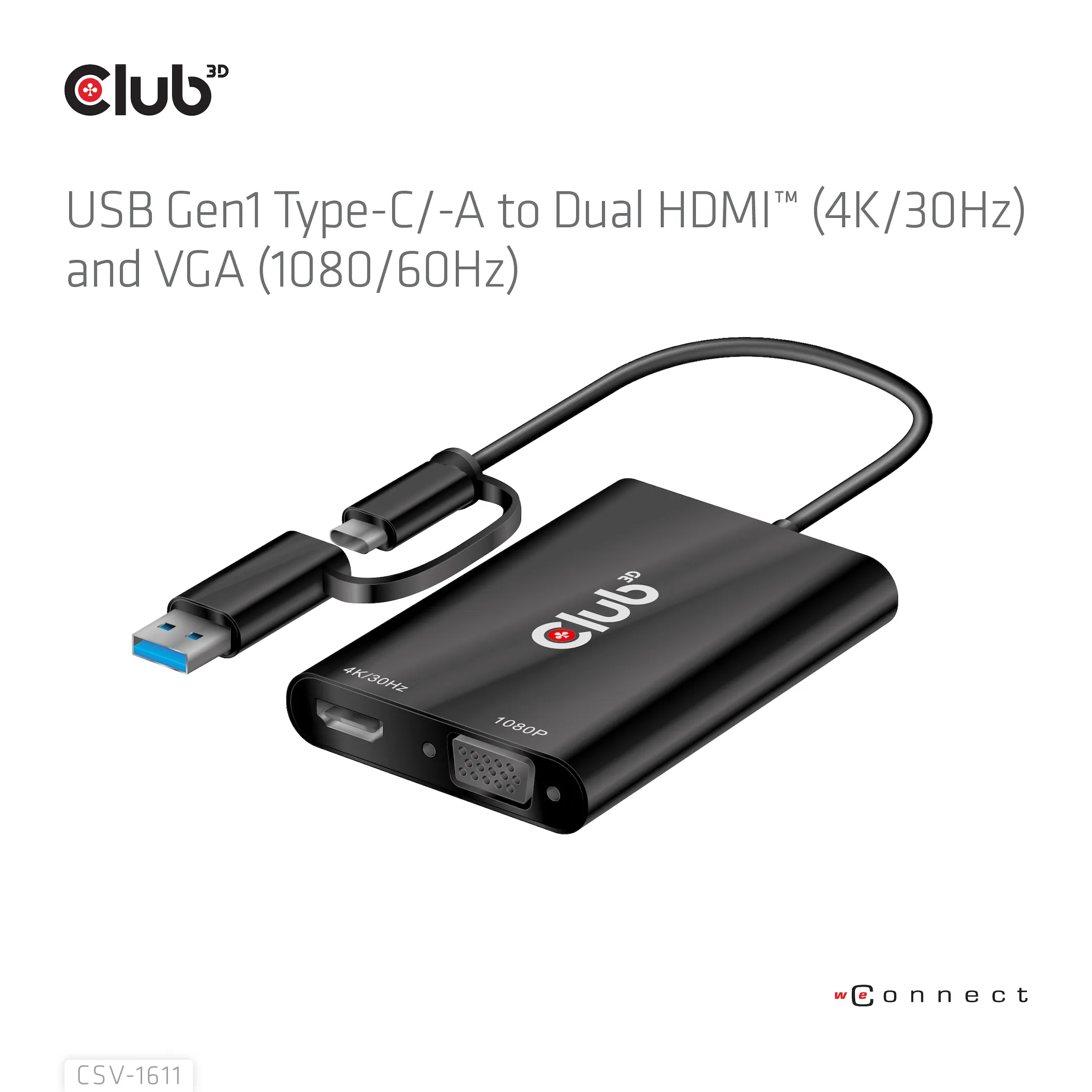 Club 3D GEN1 USB-C/-A - DUAL HDMI 4K/30HZ VGA 1080/60HZ - adapter, Svart