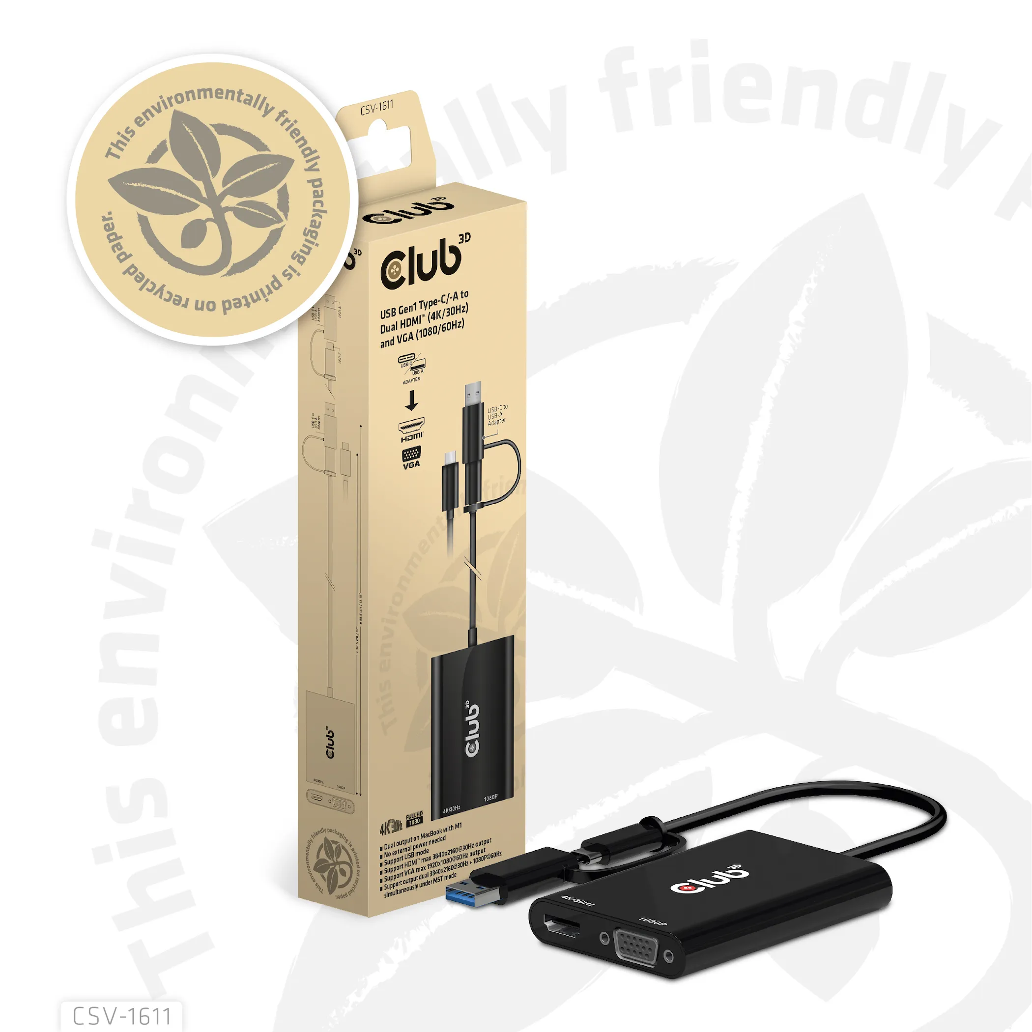 Club 3D GEN1 USB-C/-A - DUAL HDMI 4K/30HZ VGA 1080/60HZ - adapter, Svart