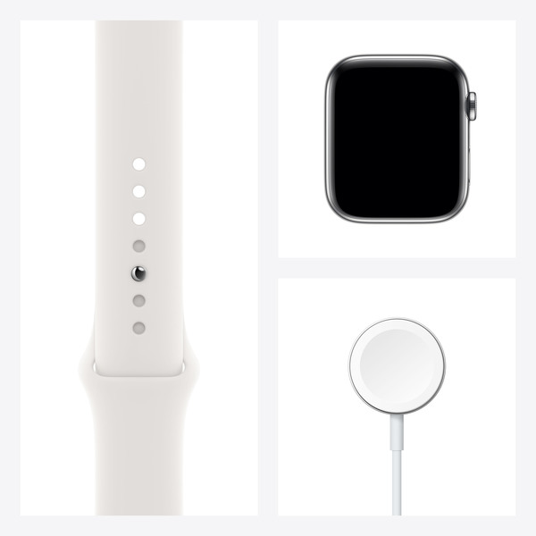 Apple Watch Series 6 GPS + Cellular, 44mm Silver Stainless Steel Case with White Sport Band - Regular