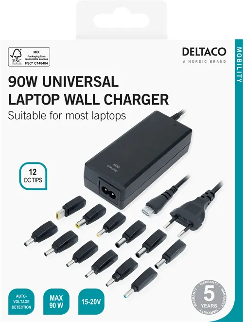 DELTACO notebook charger, 15-20 V, 6 A, 90 W, 12 tips, black