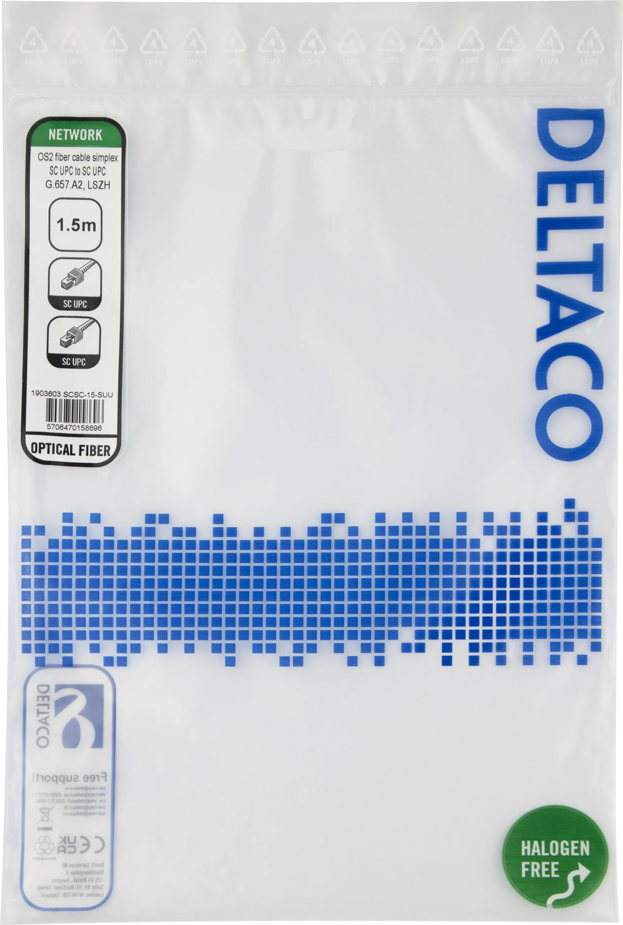 Deltaco OS2 LSZH SC-SC 1.5m Fiber Optic Cable, Yellow