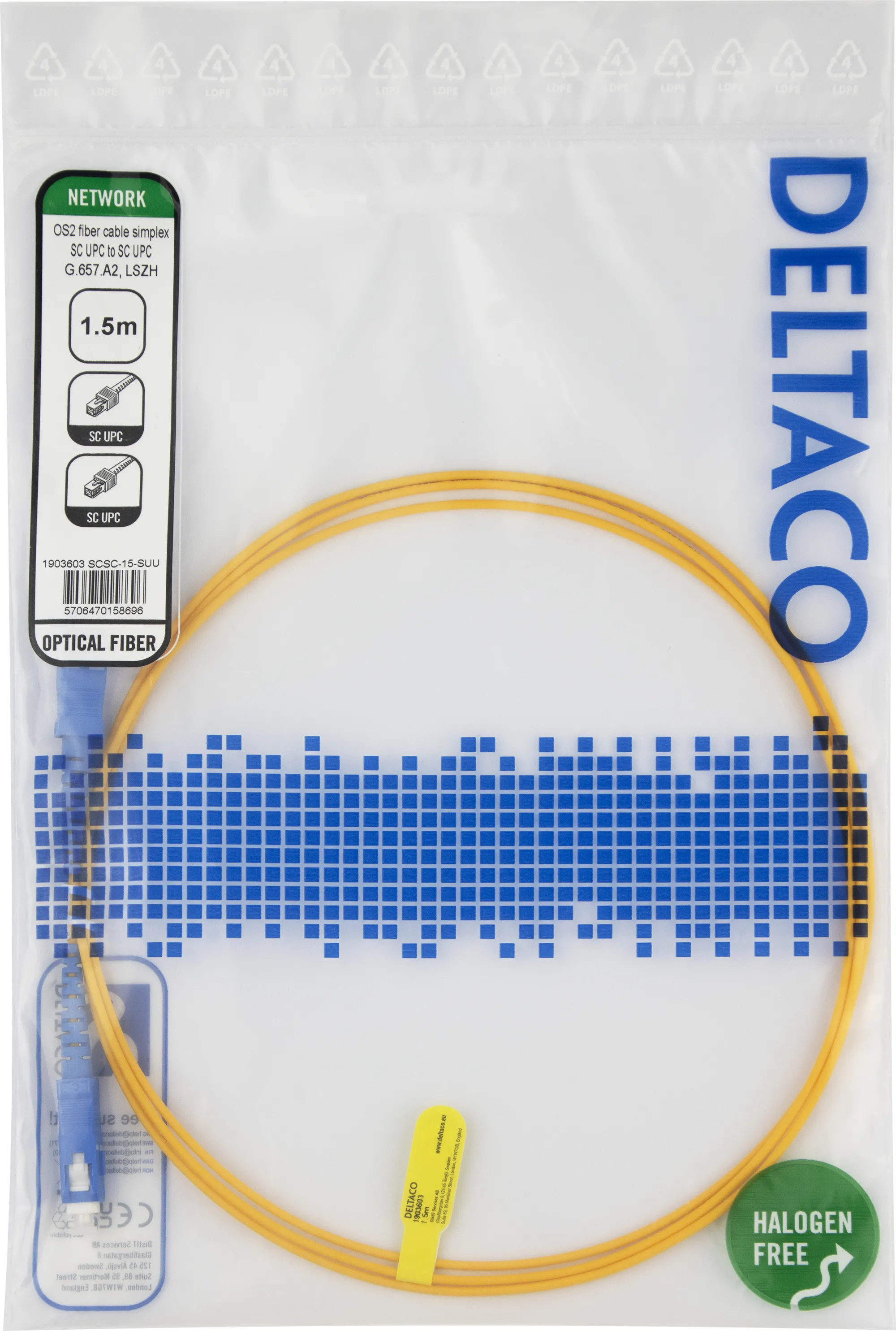 Deltaco OS2 LSZH SC-SC 1.5m Fiber Optic Cable, Yellow