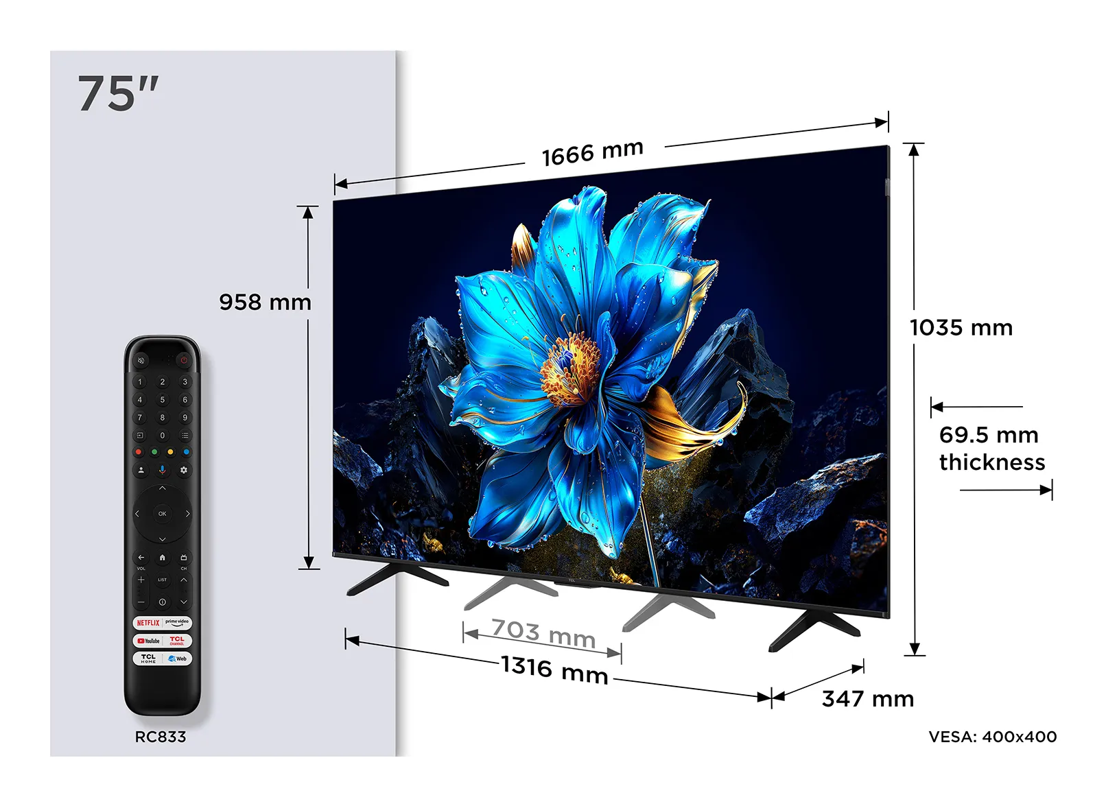 TCL P79K 75P79K 75" 4K QLED Google TV, 60 Hz, Dolby Vision, HDR10+, metallic