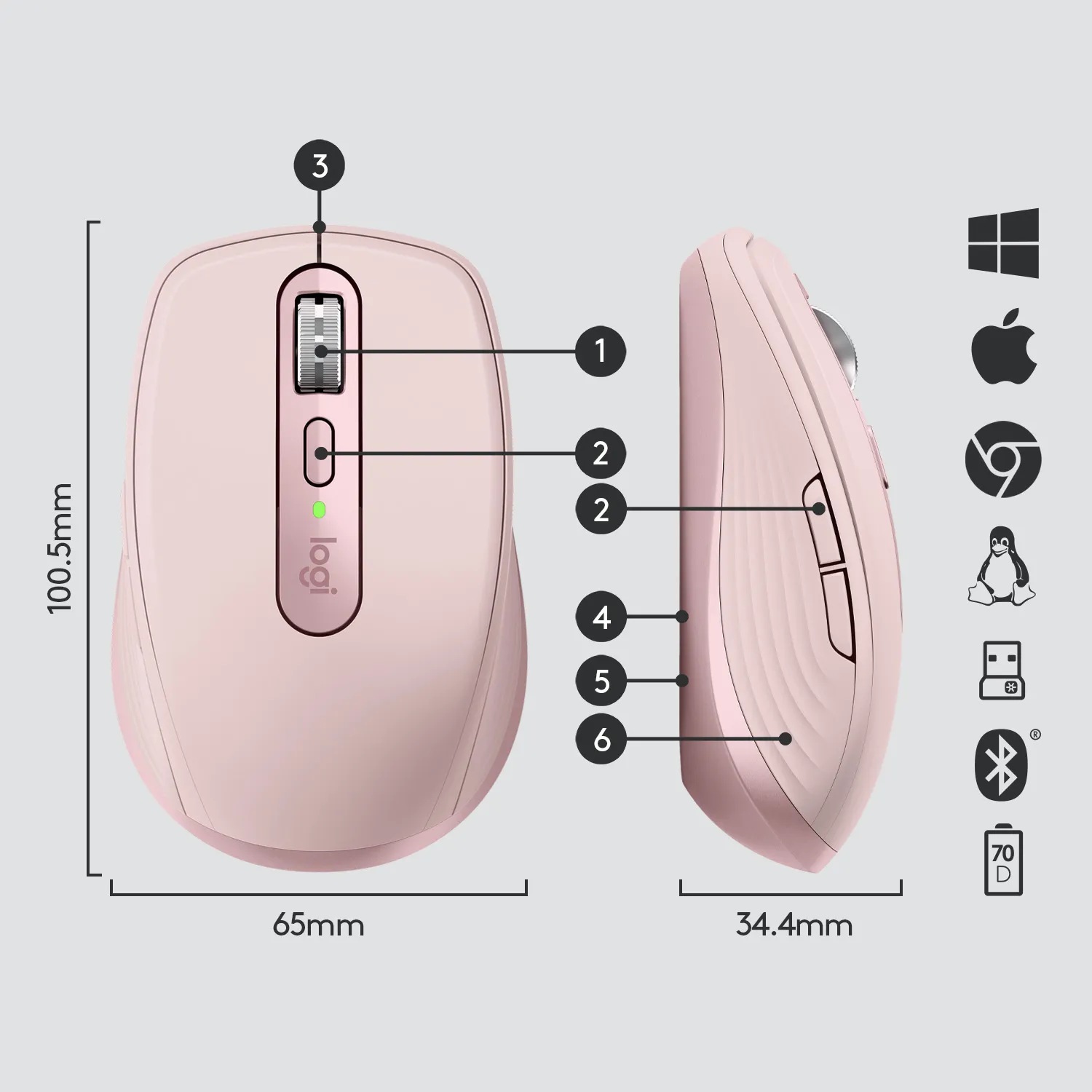 Logitech MX Anywhere 3 Wireless Mouse, Pink