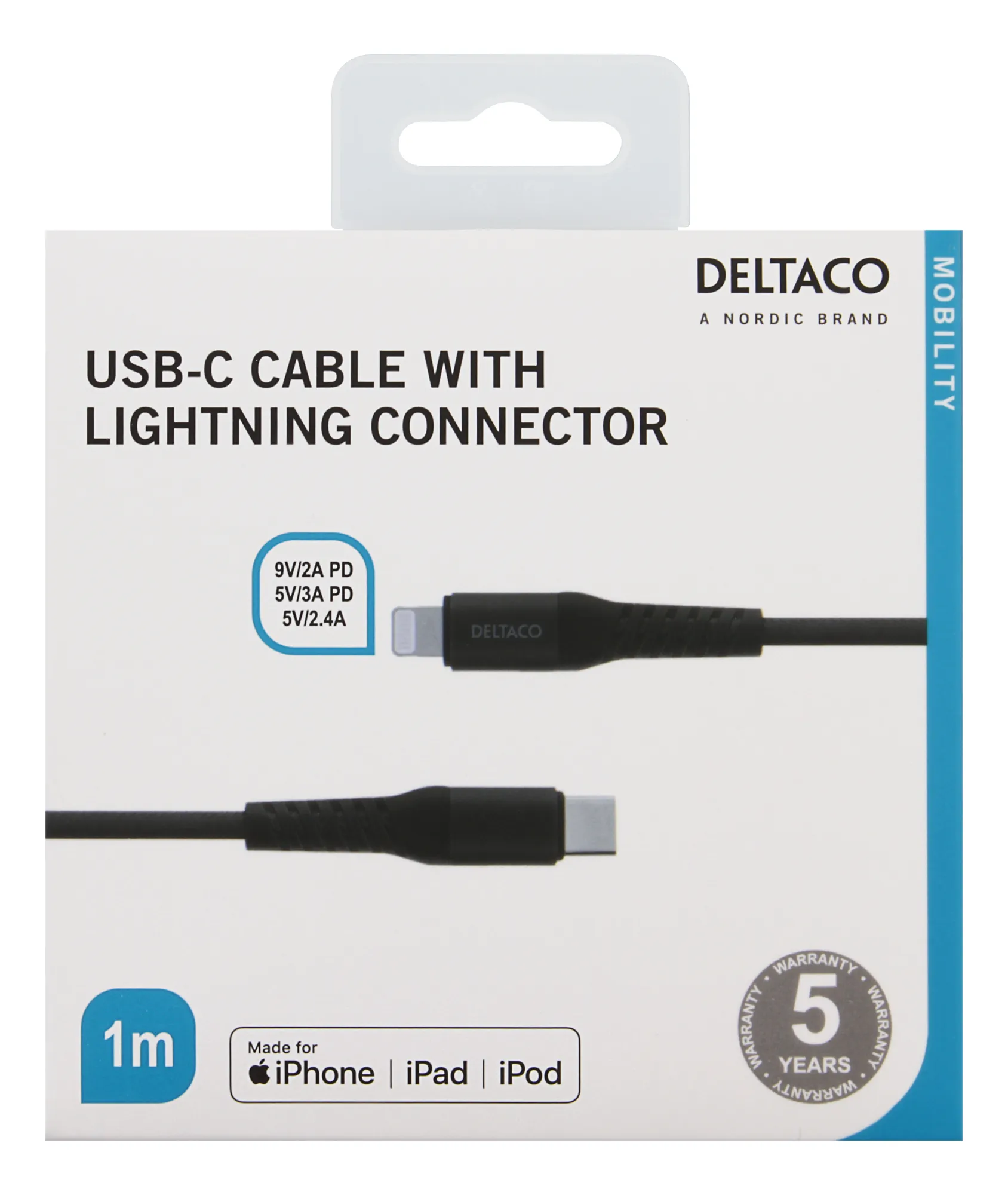 Deltaco Braided USB-C - Lightning - cable, 1 m, Black