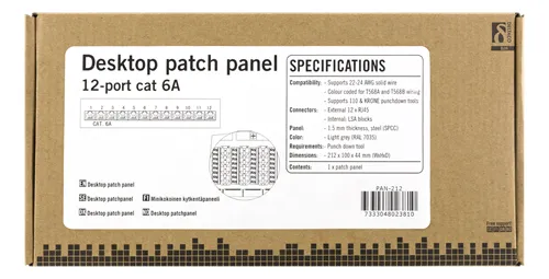 DELTACO Patchpanel, 12xRJ45, Cat6a, väggmonterbar, 10Gbps, grå