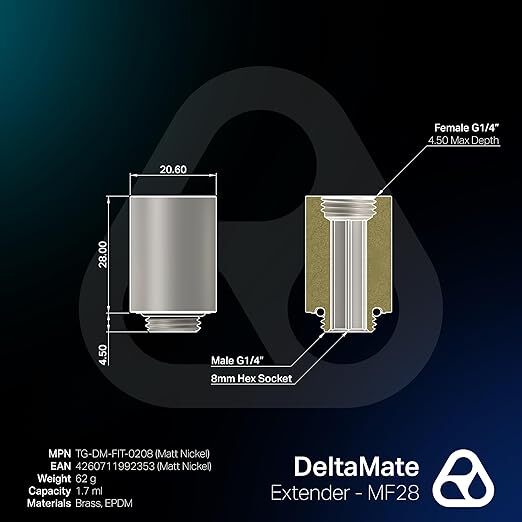 Thermal Grizzly DeltaMate Extender (MF28), G1/4" Fitting, 28 mm, Matt Nickel