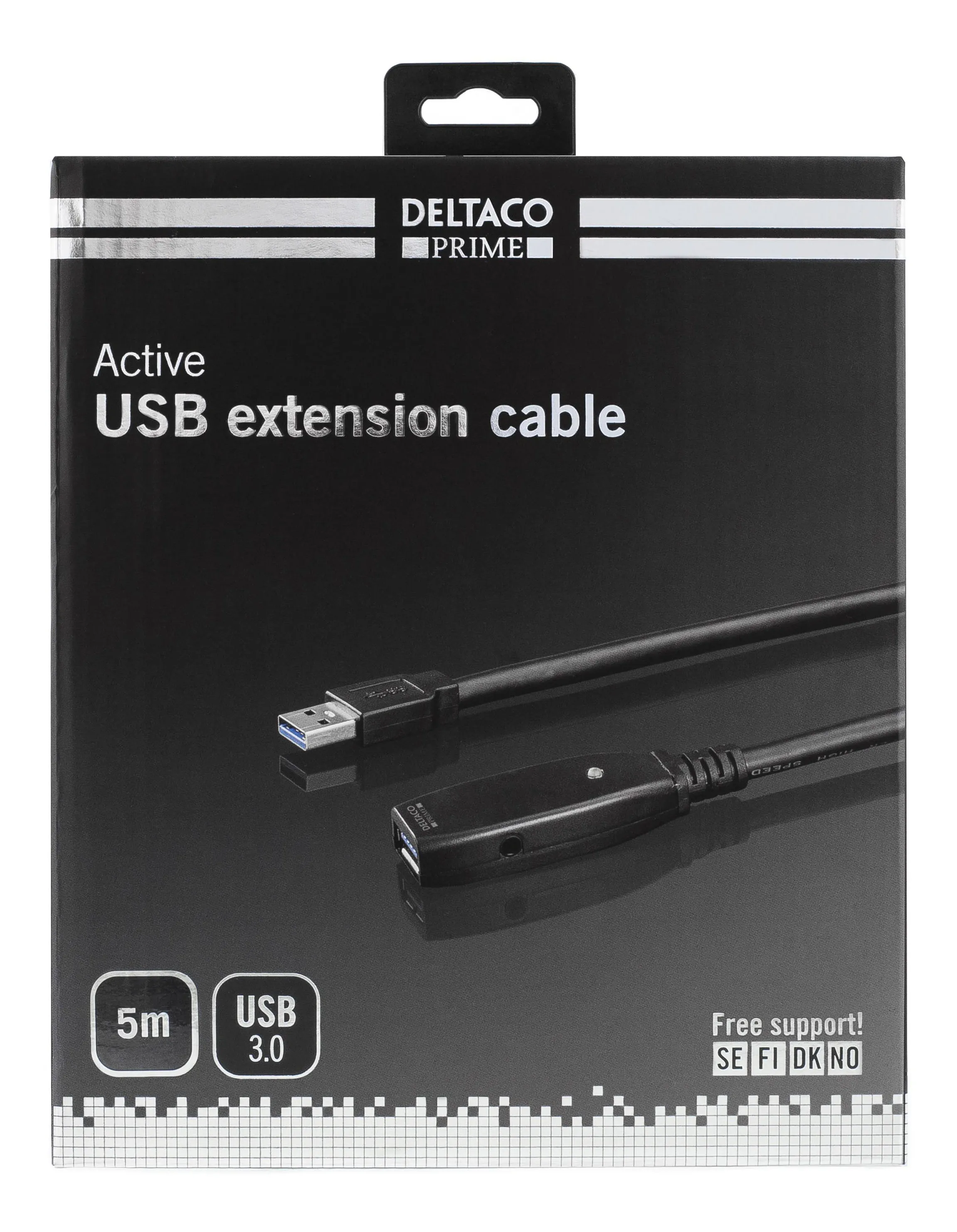 Deltaco Active USB-A 3.0 -jatkokaapeli, 5 m, Musta