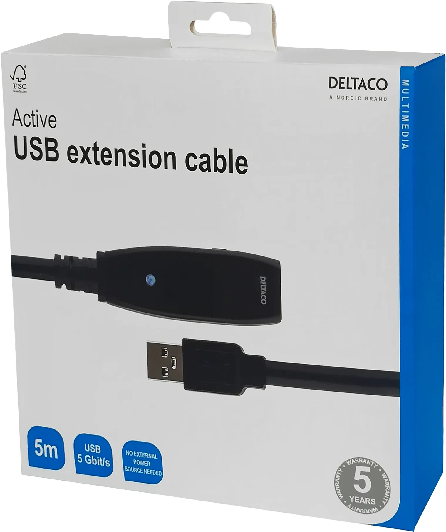 Deltaco Active USB-A 3.0 -jatkokaapeli, 5 m, Musta