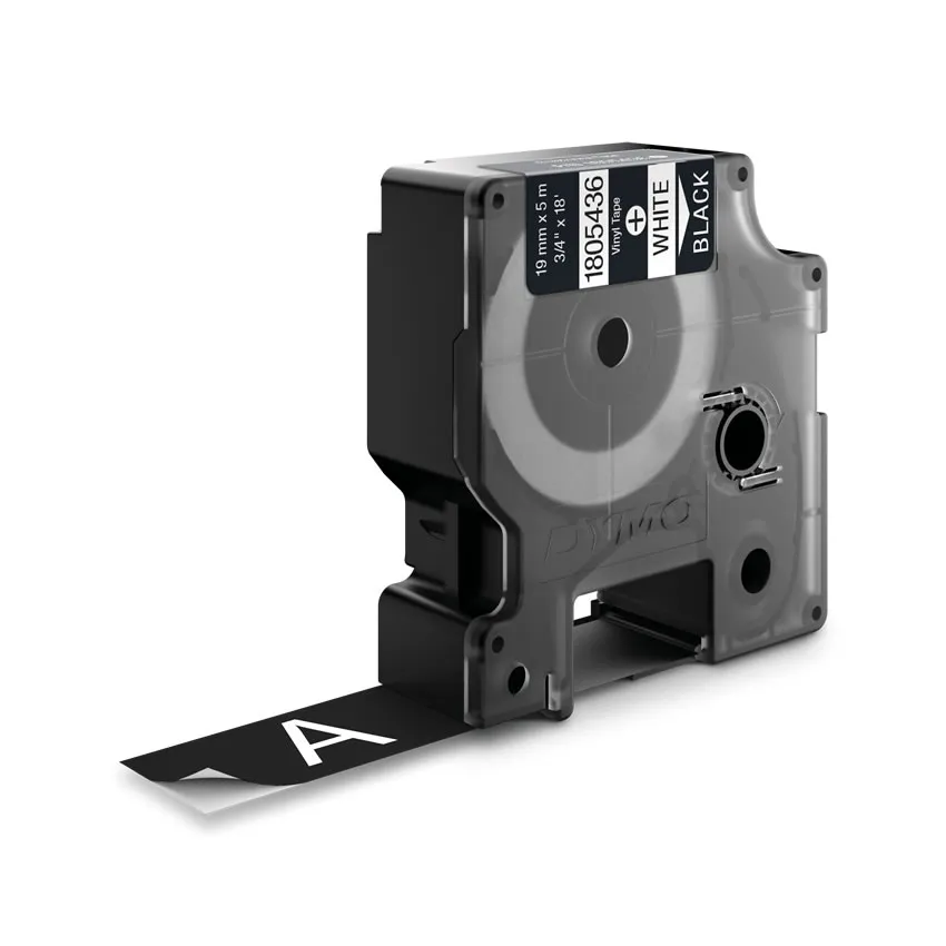 DYMO RhinoPRO 19mm vinyltejp, vit p&aring; svart, 5.5m rulle
