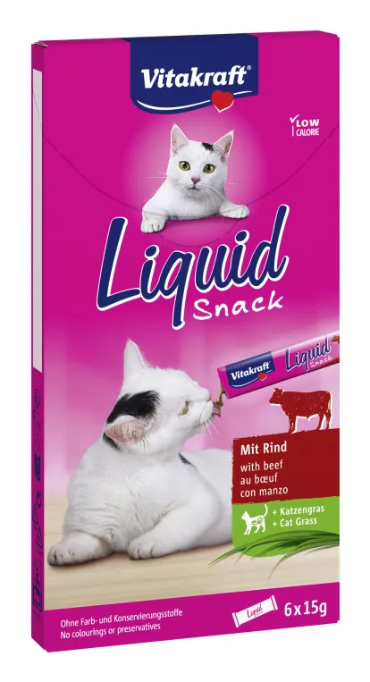 Vitakraft Liquid Snack with Beef & Cat Grass, Wet food for cats, Kittens (3+ months), Adult, Senior, Digestive support, 6 x 15g