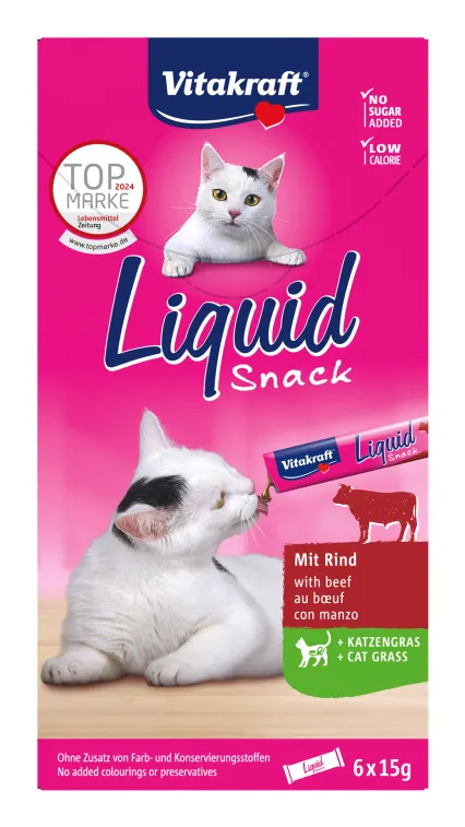 Vitakraft Liquid Snack with Beef & Cat Grass, Wet food for cats, Kittens (3+ months), Adult, Senior, Digestive support, 6 x 15g