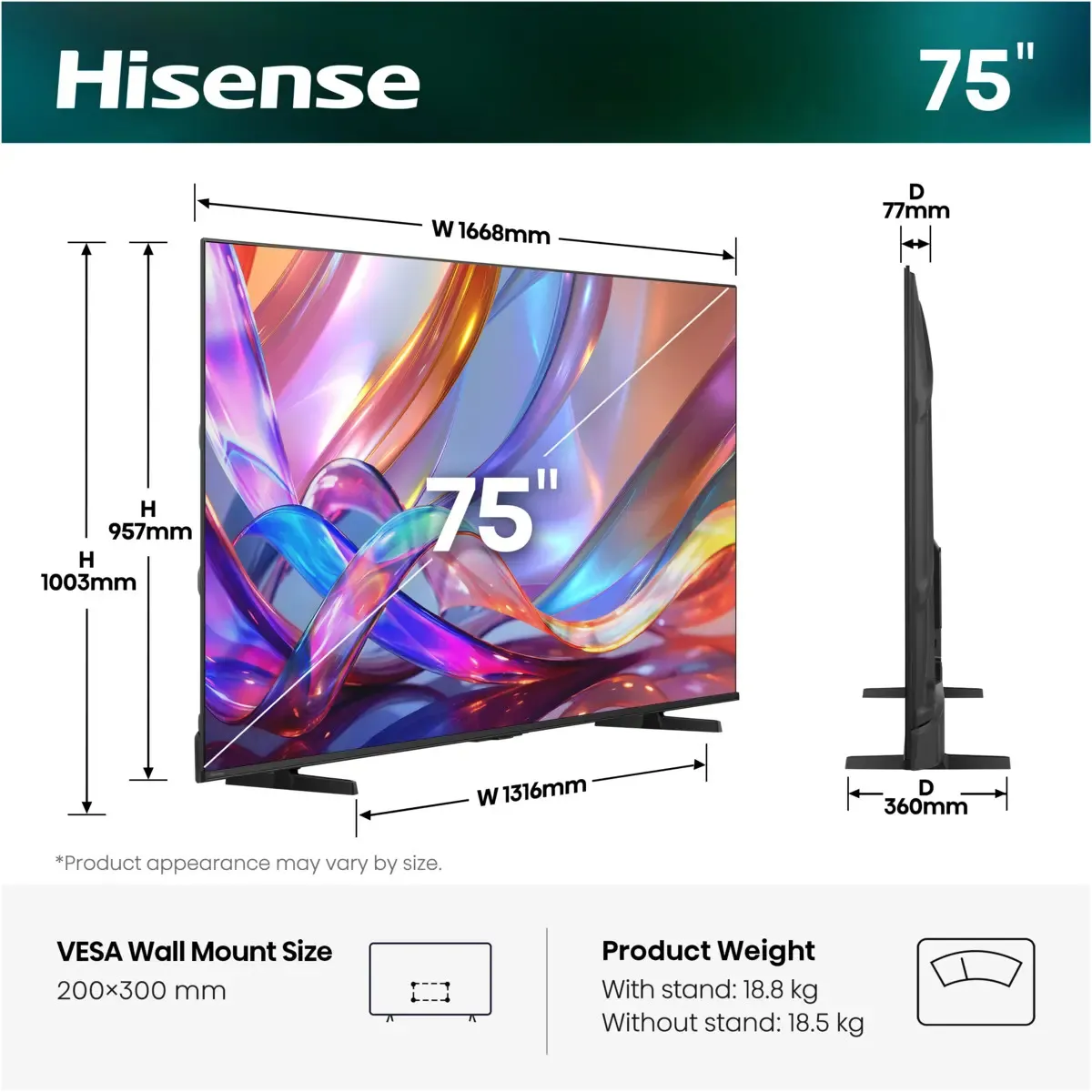 Hisense 75E7S 75" 4K QLED VIDAA TV, 60 Hz, HDR10, HDR10+, Dolby Vision IQ, HLG, Dolby Vision