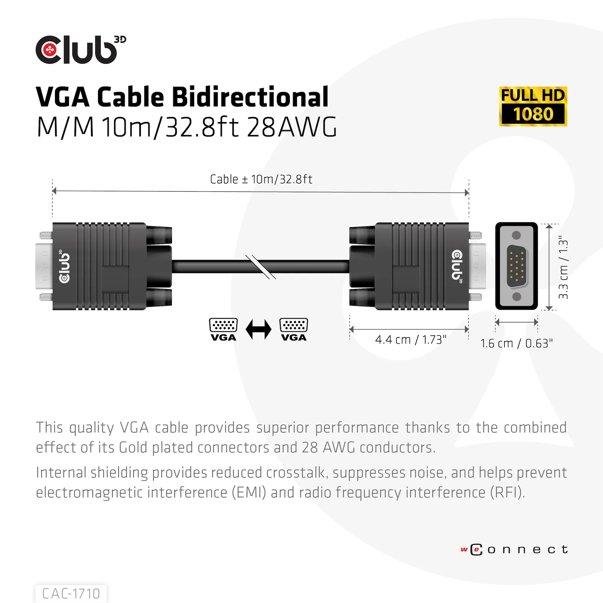 Club 3D VGA display cable, bidirectional  - cable, Black, 10m