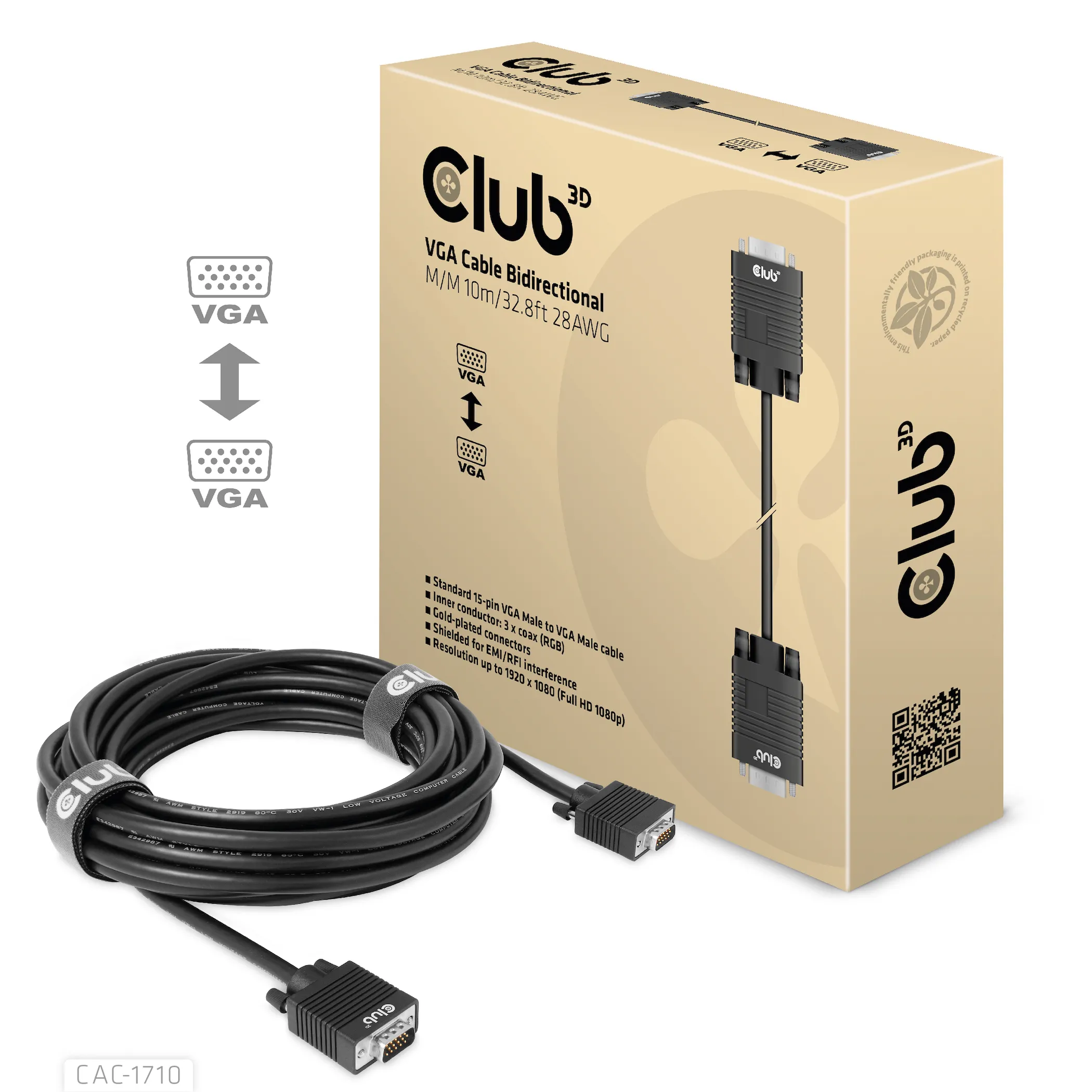 Club 3D VGA display cable, bidirectional  - cable, Black, 10m