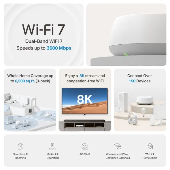 TP-Link Deco BE22 -mesh WiFi -j&auml;rjestelm&auml;, Wi-Fi 7, BE3600, Dual-band, 1 kpl, valkoinen