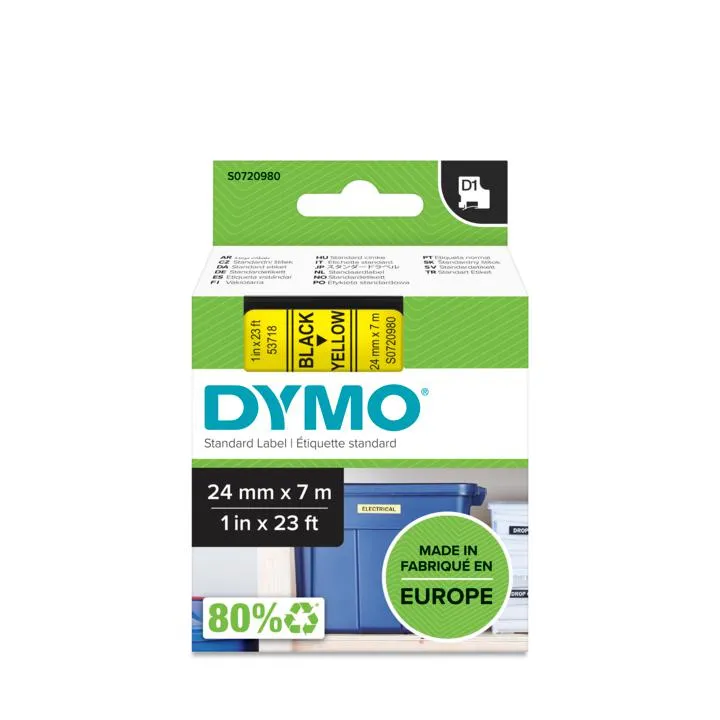 DYMO D1 m&auml;rktejp standard 24mm, svart p&aring; gult, 7m rulle