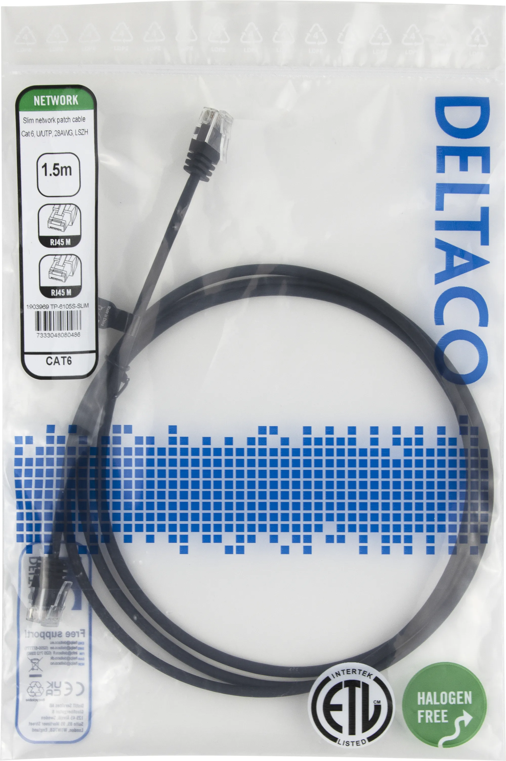 Deltaco Cat6 UTP RJ45 1.5m Network Cable, Black