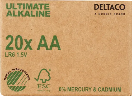 DELTACO Ultimate Alkaline batteries, LR6/AA size, 20-pack bulk