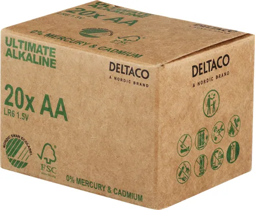 DELTACO Ultimate Alkaline batteries, LR6/AA size, 20-pack bulk