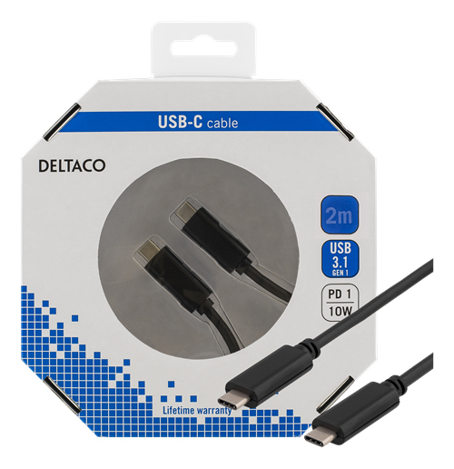 DELTACO USB 3.1 kabel, Gen 1, Typ C - Typ C, 2m, svart