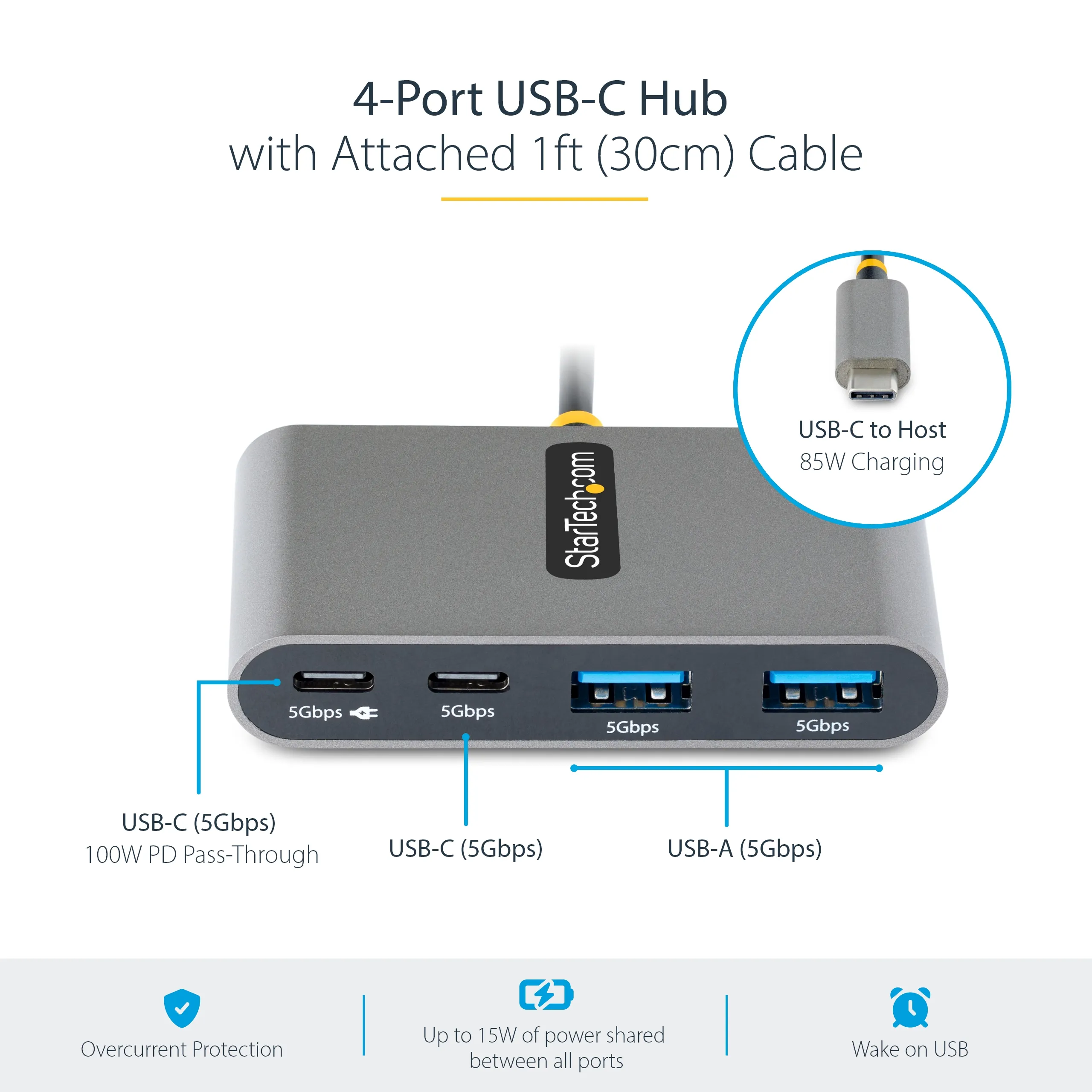 STARTECH.COM 4-Port USB-C Hub with 100W Power Delivery Pass-Through 2x USB-A + 2x USB-C 5Gbps 1ft/30cm Long Cable Portable USB 3.0