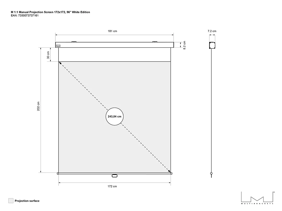 M 1:1 Manual Projection Screen 176x176, 96" White Edition