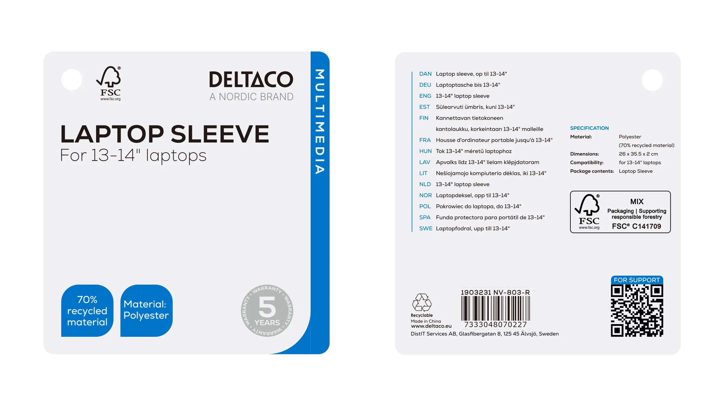 Deltaco sleeve recycled polyester - notebook bag, Black, 13-14&quot;