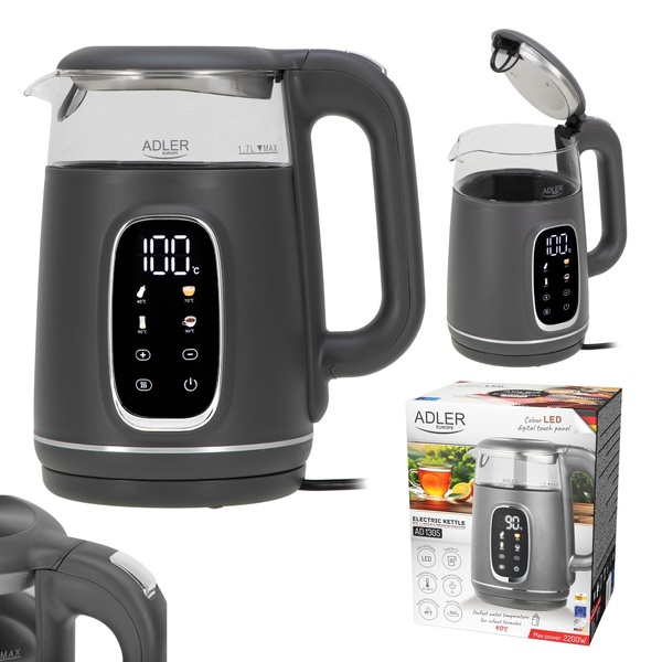 Adler AD 1305GS kettle, 1.7L, 2200W, Grey/Silver