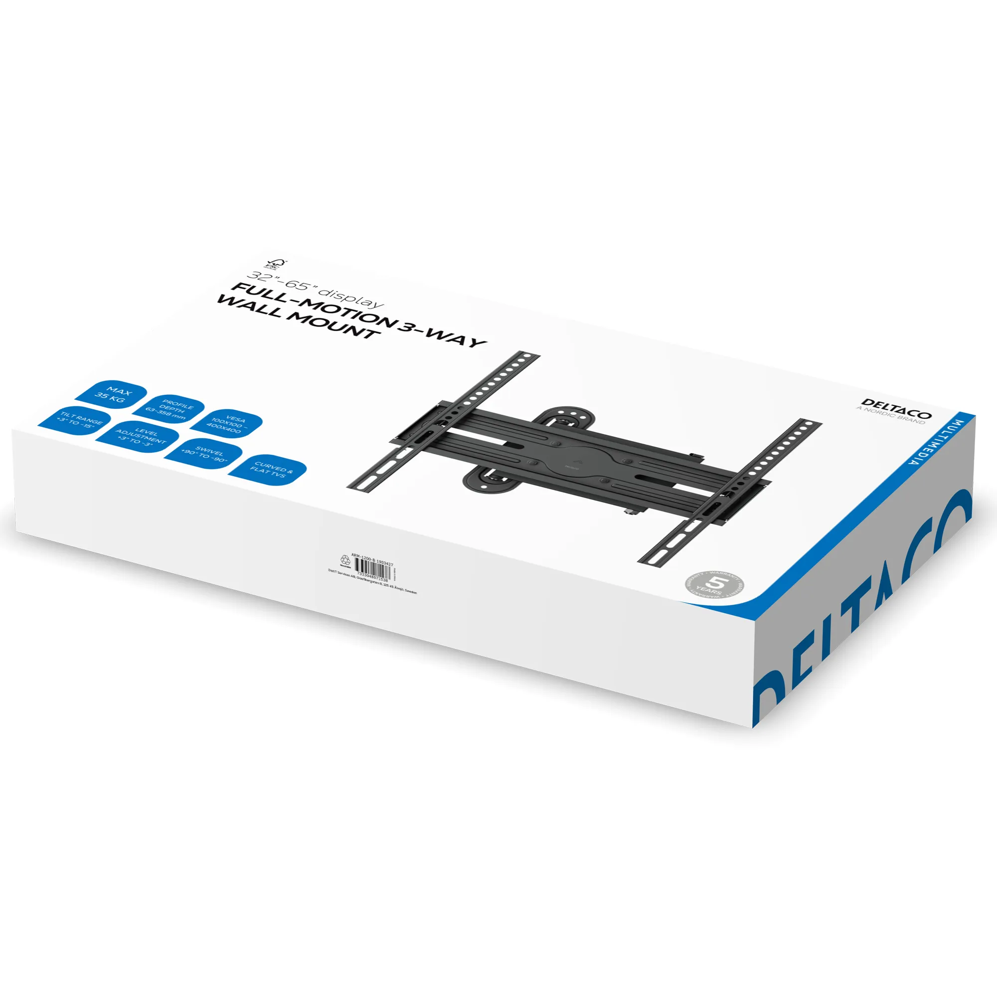 DELTACO ARM-1200-B TV-sein&auml;teline, 32-65", Full Motion, 35 kg, Musta