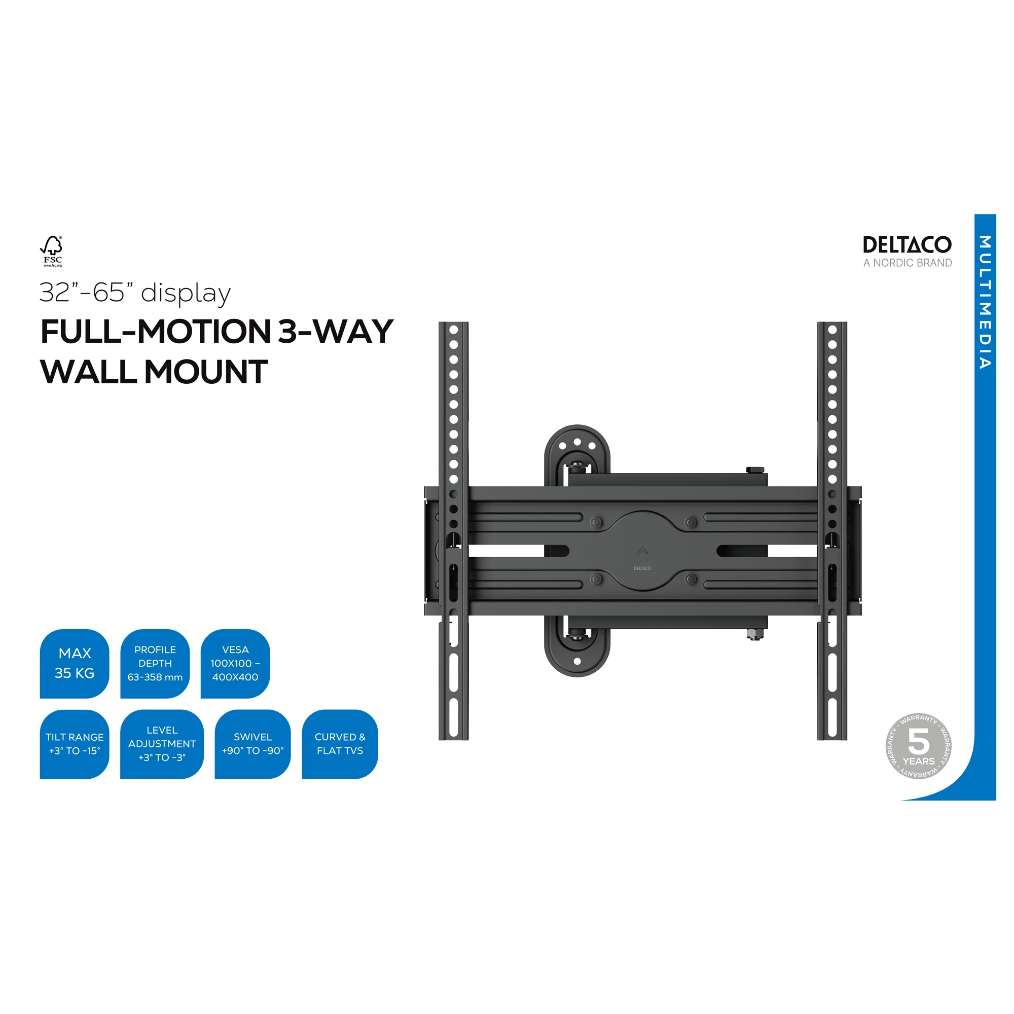 DELTACO ARM-1200-B TV-sein&auml;teline, 32-65", Full Motion, 35 kg, Musta