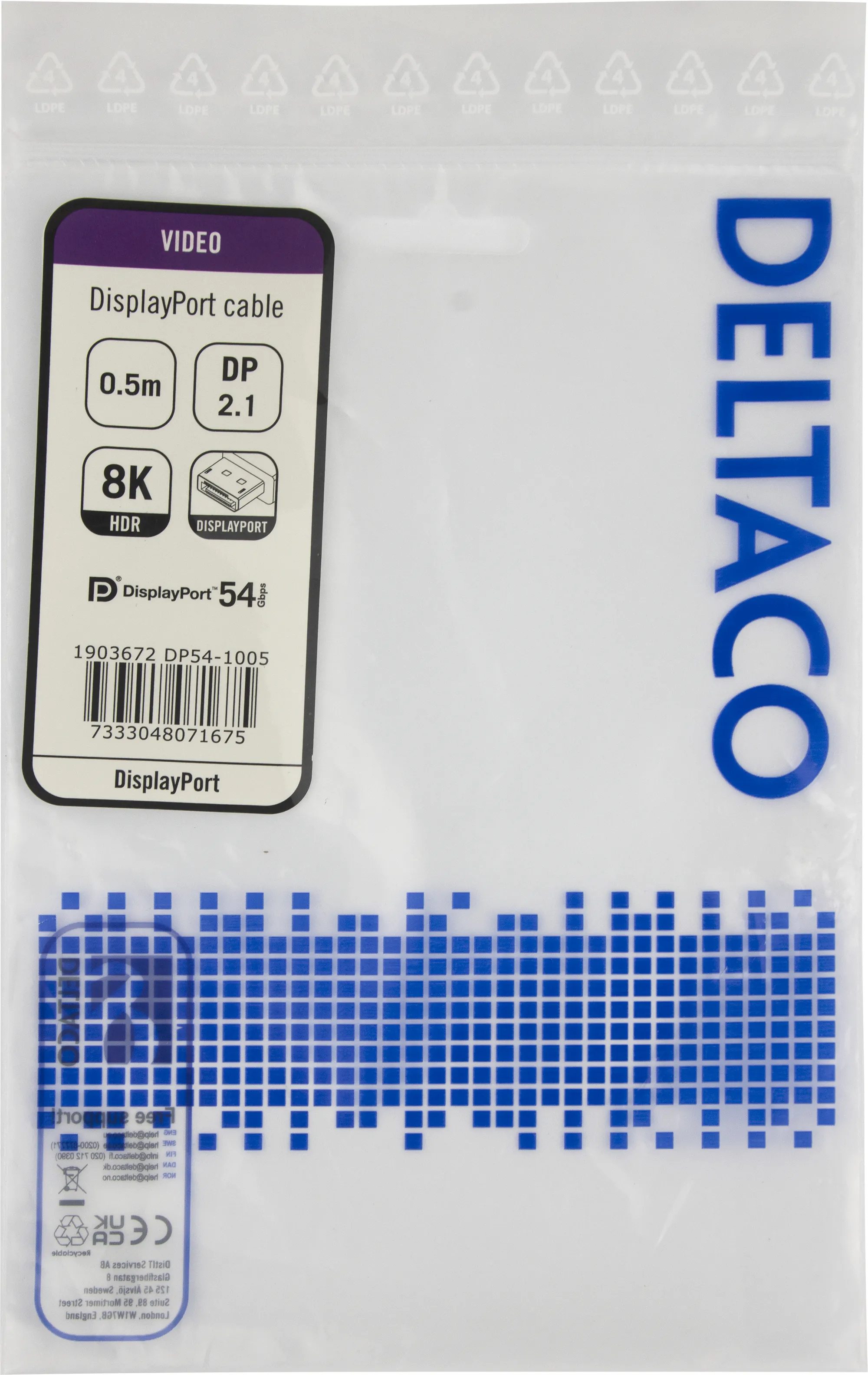 Deltaco DisplayPort 2.1a (DP54) cable, 8K, 0.5 m, Black