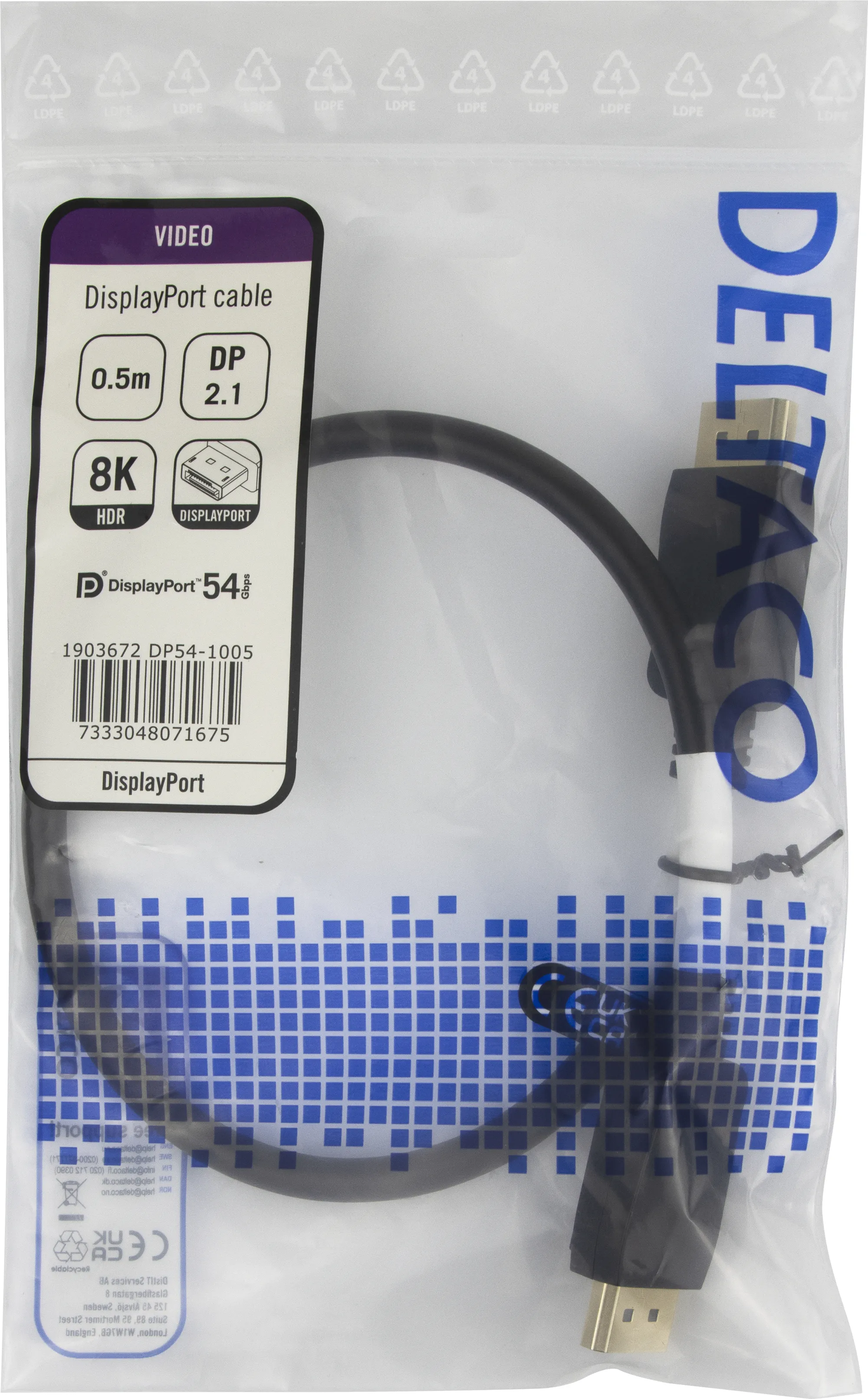 Deltaco DisplayPort 2.1a (DP54) cable, 8K, 0.5 m, Black