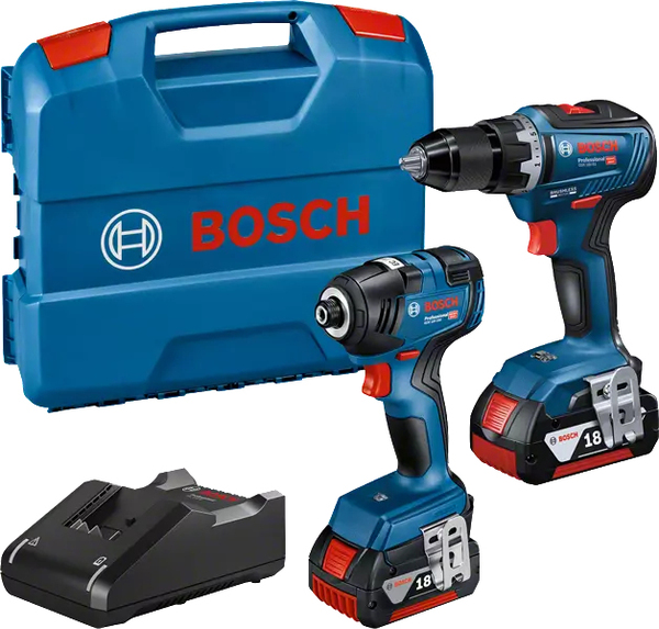 Bosch battery combo kit GDR 18V-200 Professional + GSR 18V-55 Professional, 18Volt, tool set (blue/black, 2x Li-ion battery 4.0Ah, impact wrench and drill drive