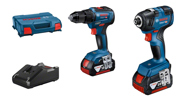 Bosch battery combo kit GDR 18V-200 Professional + GSR 18V-55 Professional, 18Volt, tool set (blue/black, 2x Li-ion battery 4.0Ah, impact wrench and drill drive