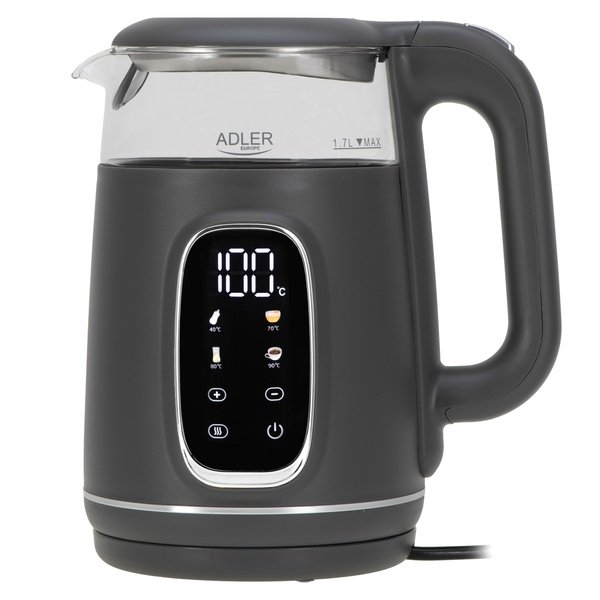 Adler AD 1305GS vattenkokare, 1,7 l, 2200 W, gr&aring;/silver