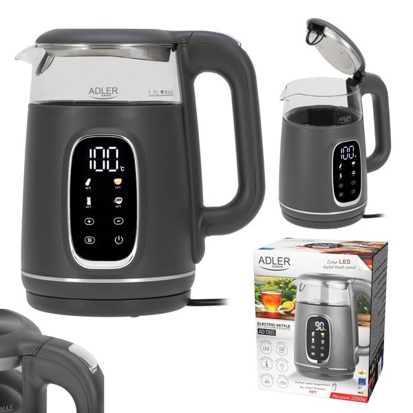 Adler AD 1305GS vattenkokare, 1,7 l, 2200 W, gr&aring;/silver