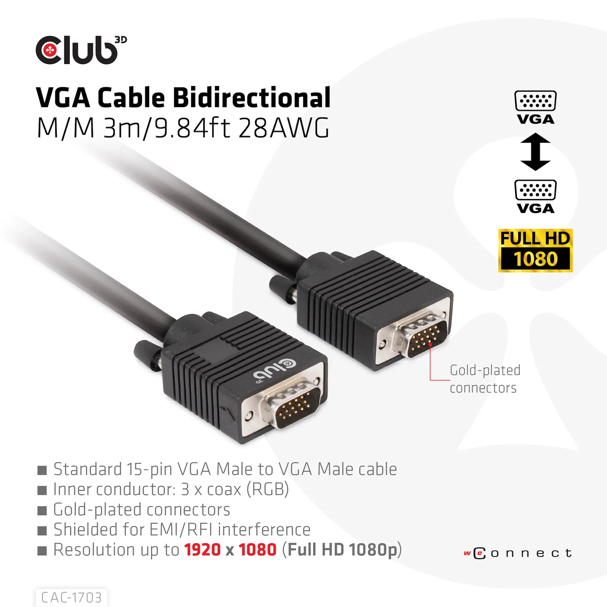 Club 3D VGA display cable, bidirectional  - cable, Black, 3m