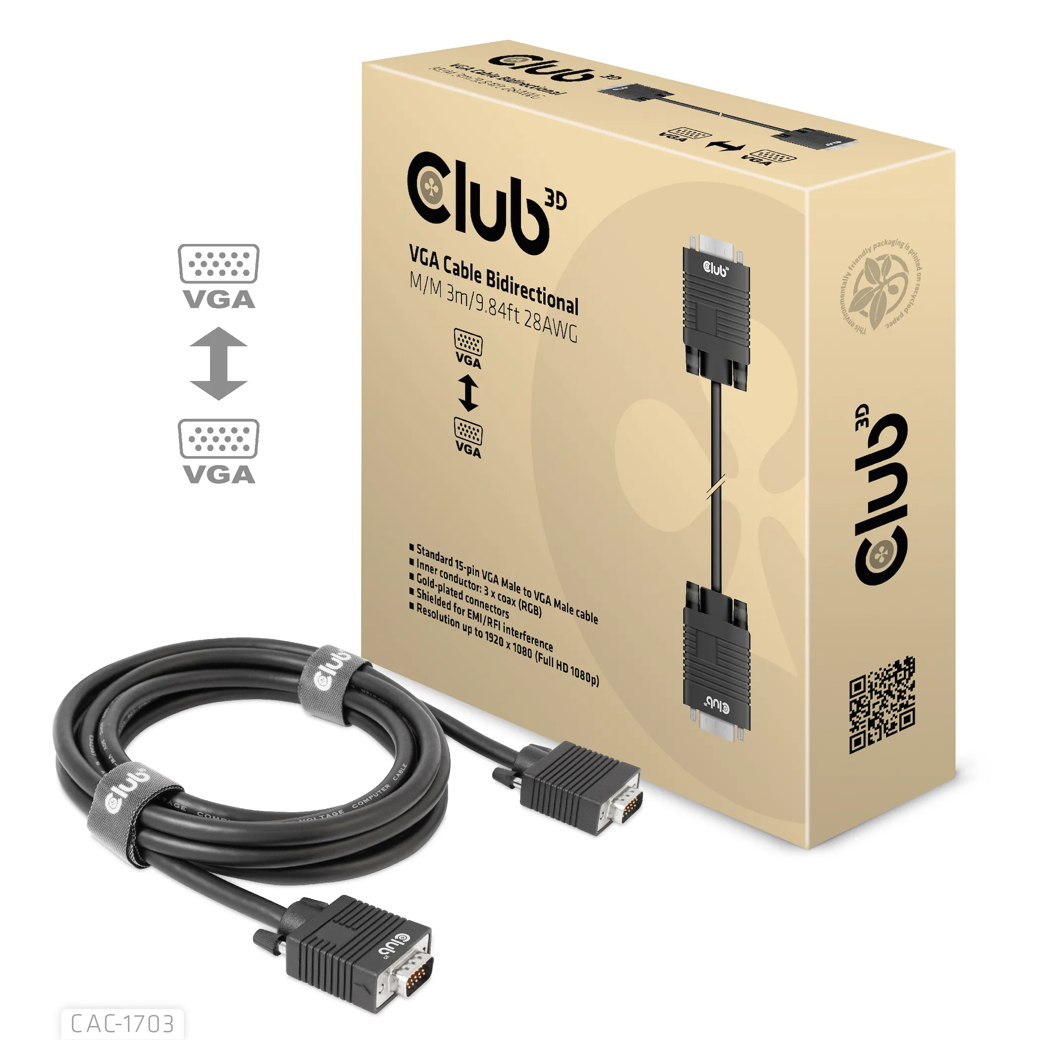 Club 3D VGA display cable, bidirectional  - cable, Black, 3m