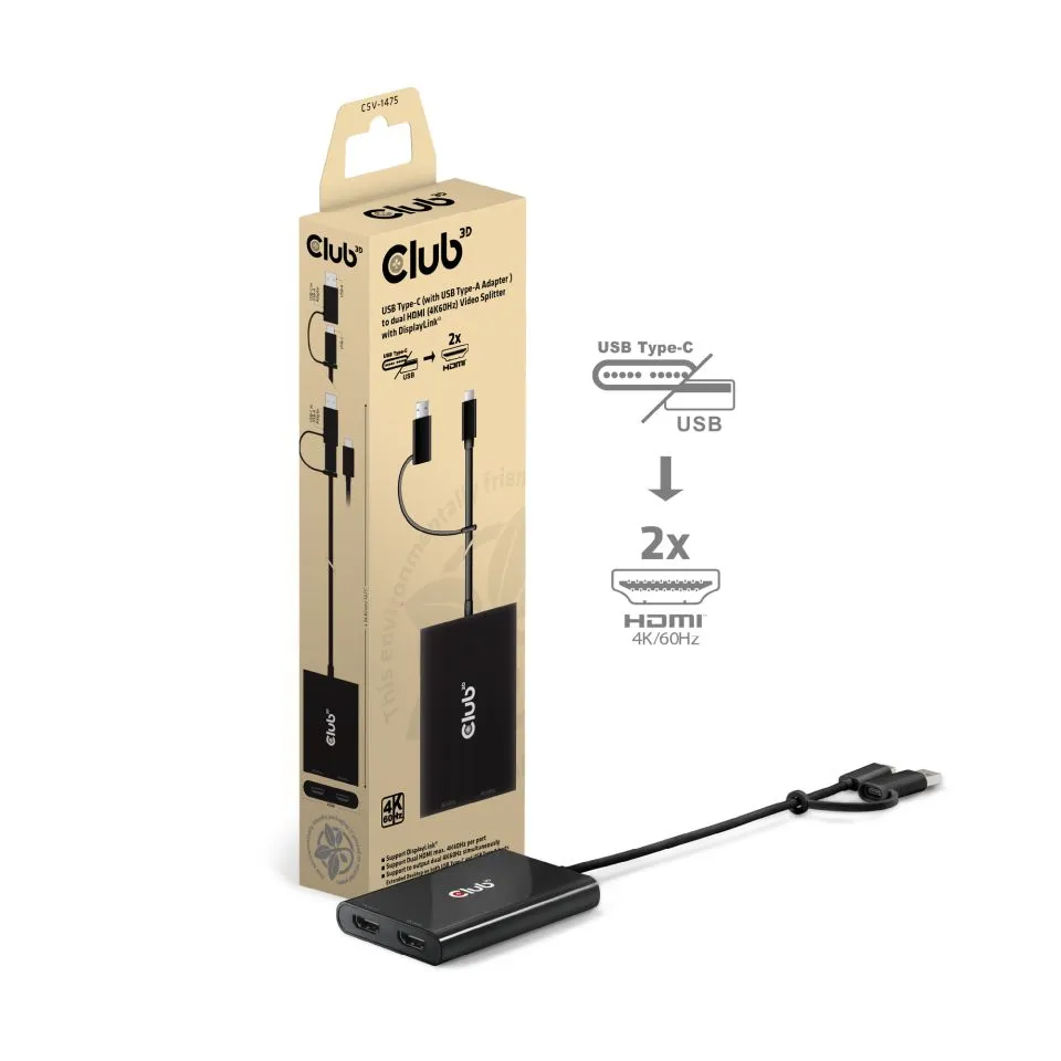 CLUB 3D CSV-1475 2-Port USB-C to 2x HDMI Splitter, Black