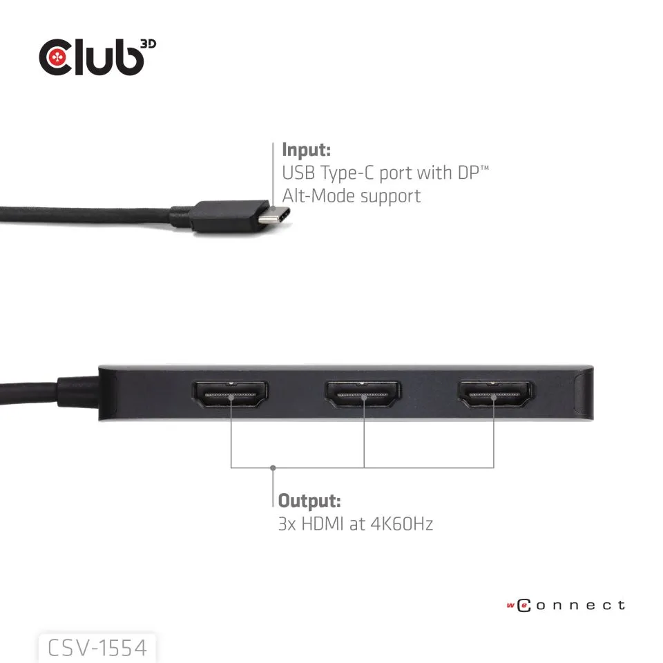 Club 3D USB-C - 3x HDMI MST 4K60Hz - adapter, Svart