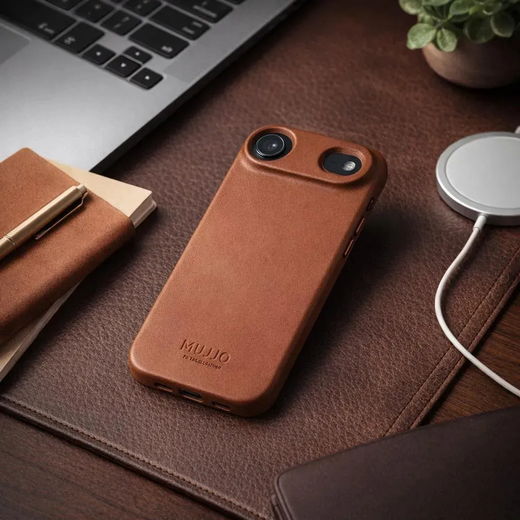 Mujjo Full Leather MagSafe, iPhone 17 -suojakuori, Tan